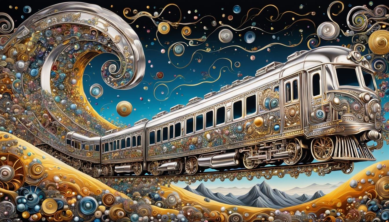 A surreal scene depicting a train made entirely of polished ...