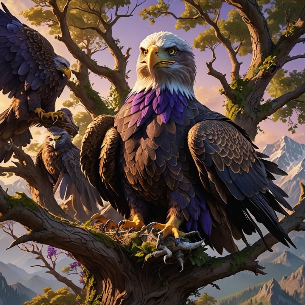 Eagle with Purple Wings in Mountain Landscape