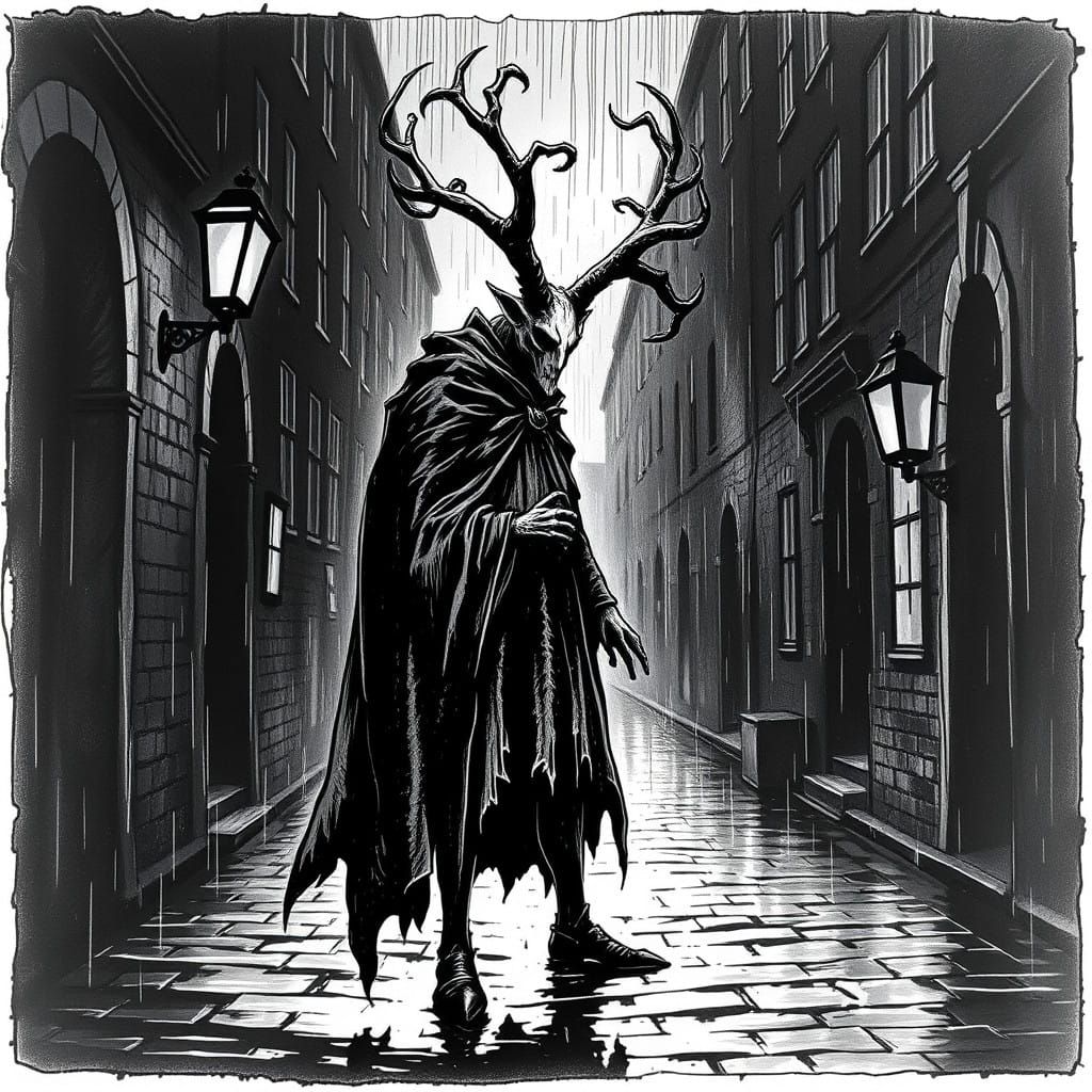 Gothic Plague Doctor Casts Ominous Shadows in Rainy Street S...
