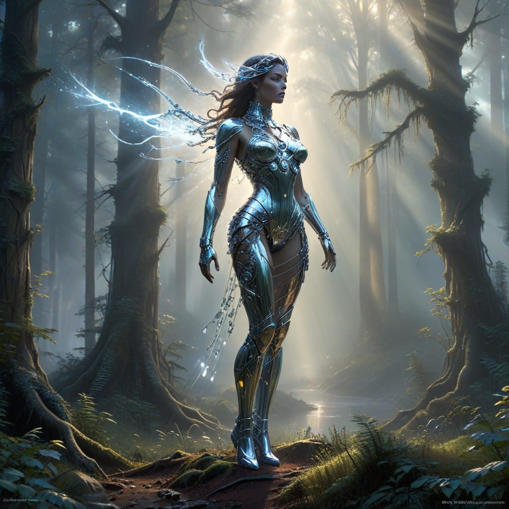 Chrome Automotive Woman in Ethereal Forest