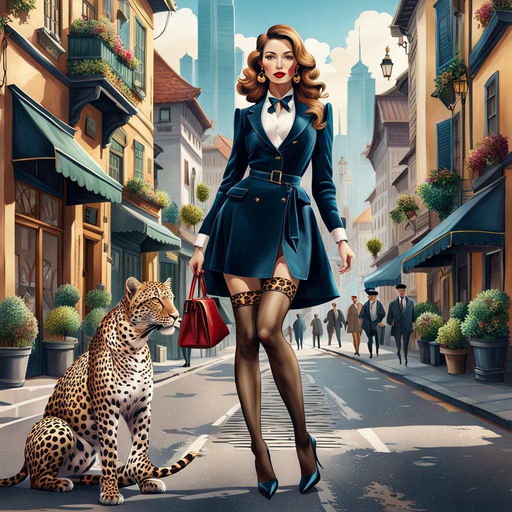 Lady wearing stockings and heels, with leopard in the city