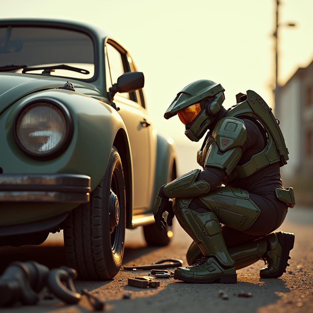 Master Chief Repairs a Volkswagen Tire, Cinematic Shot