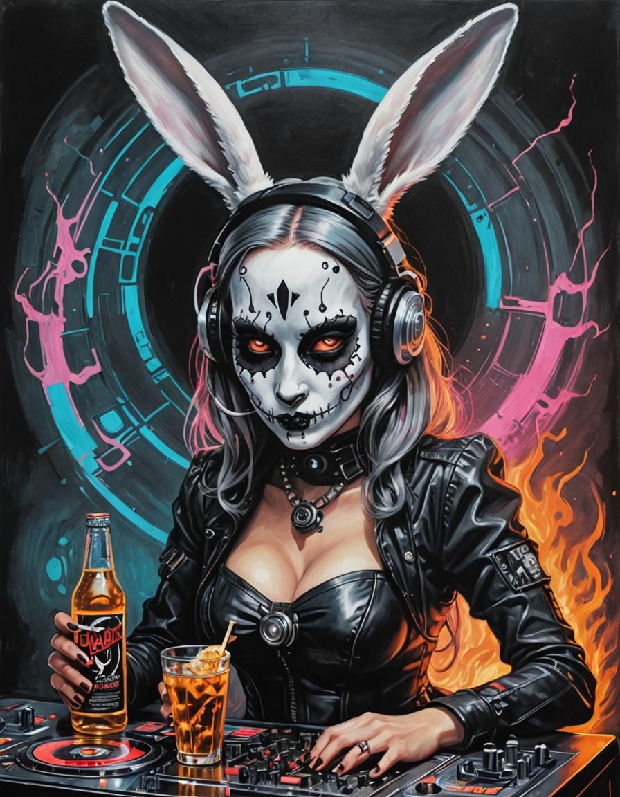 Death Bunny Pinup Poster in Cyberpunk Steampunk Style
