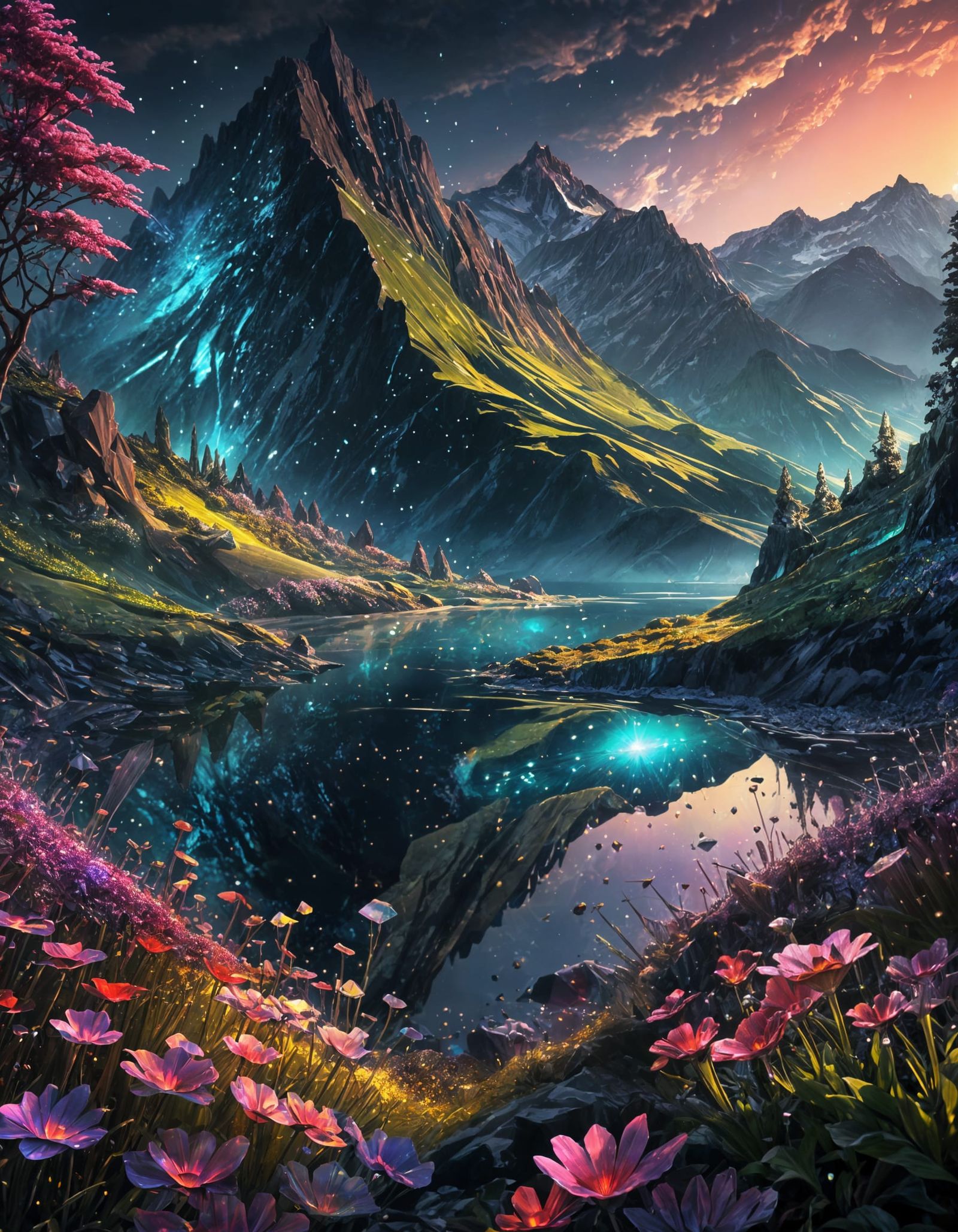 Shimmering Dewdrop Flowers with Galaxy Sky