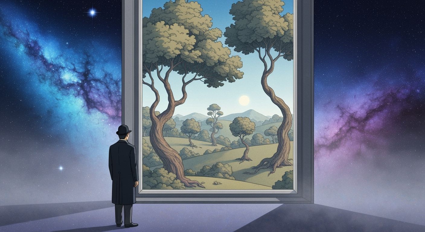 Man in Cosmos Gazes at Surreal Forest in Ligne Claire Style