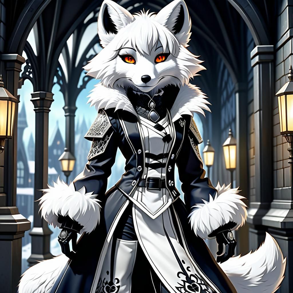 Anime Style Anthropomorphic White Fox in Gothic Outfit