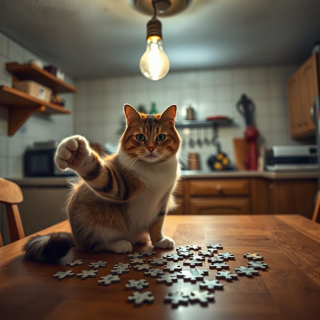 Cat's Mischief: Puzzle Pieces Flying in Bunker Kitchen