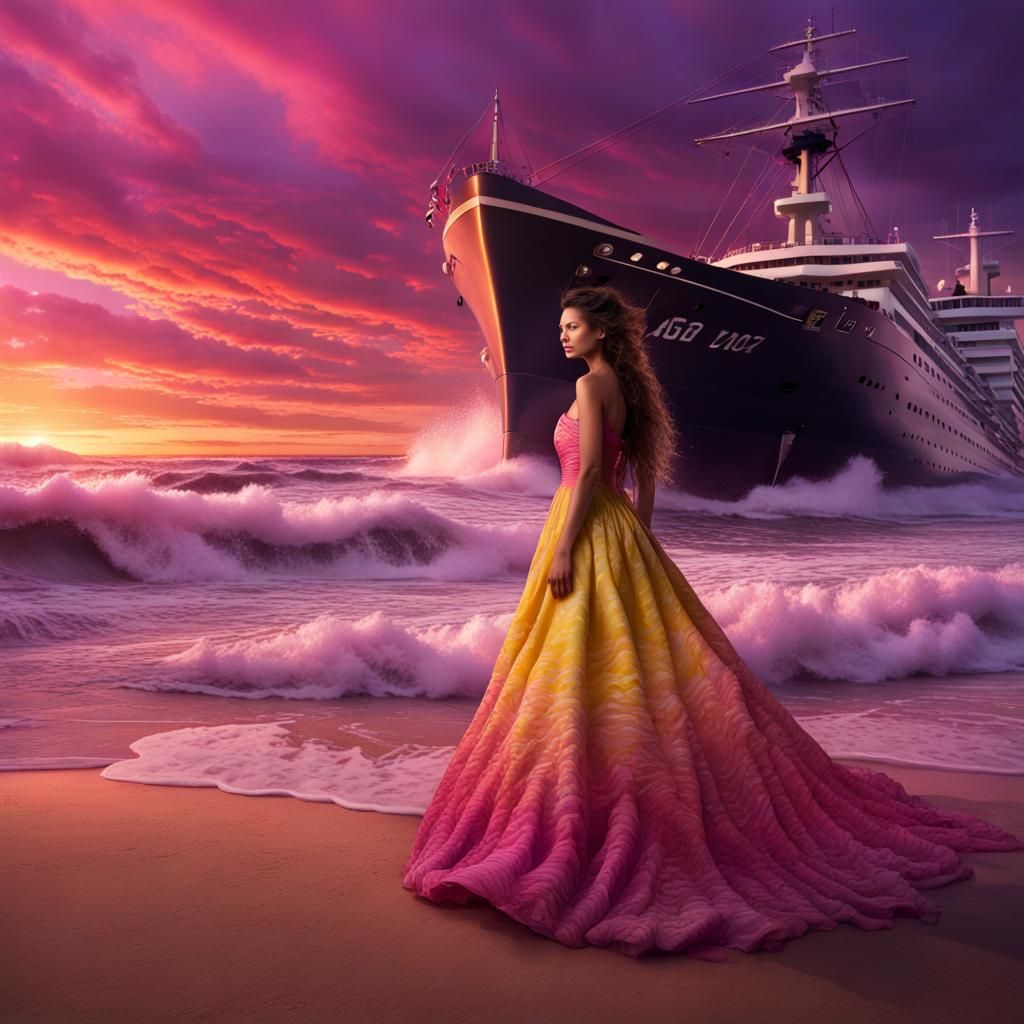 Giant Ship Amidst Waves at Sunset Beach