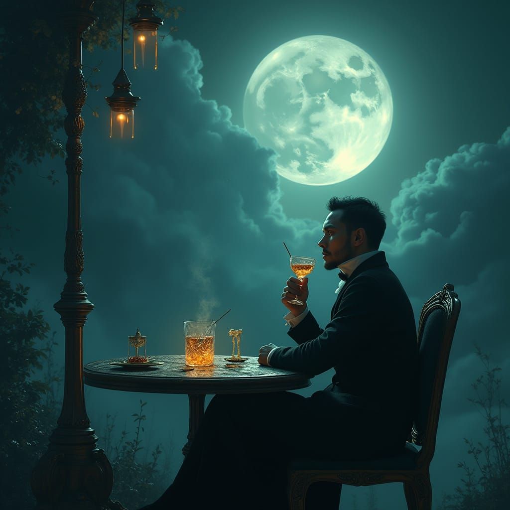 Mystical Absinthe Drinker in Moonlit Fantasy Scene