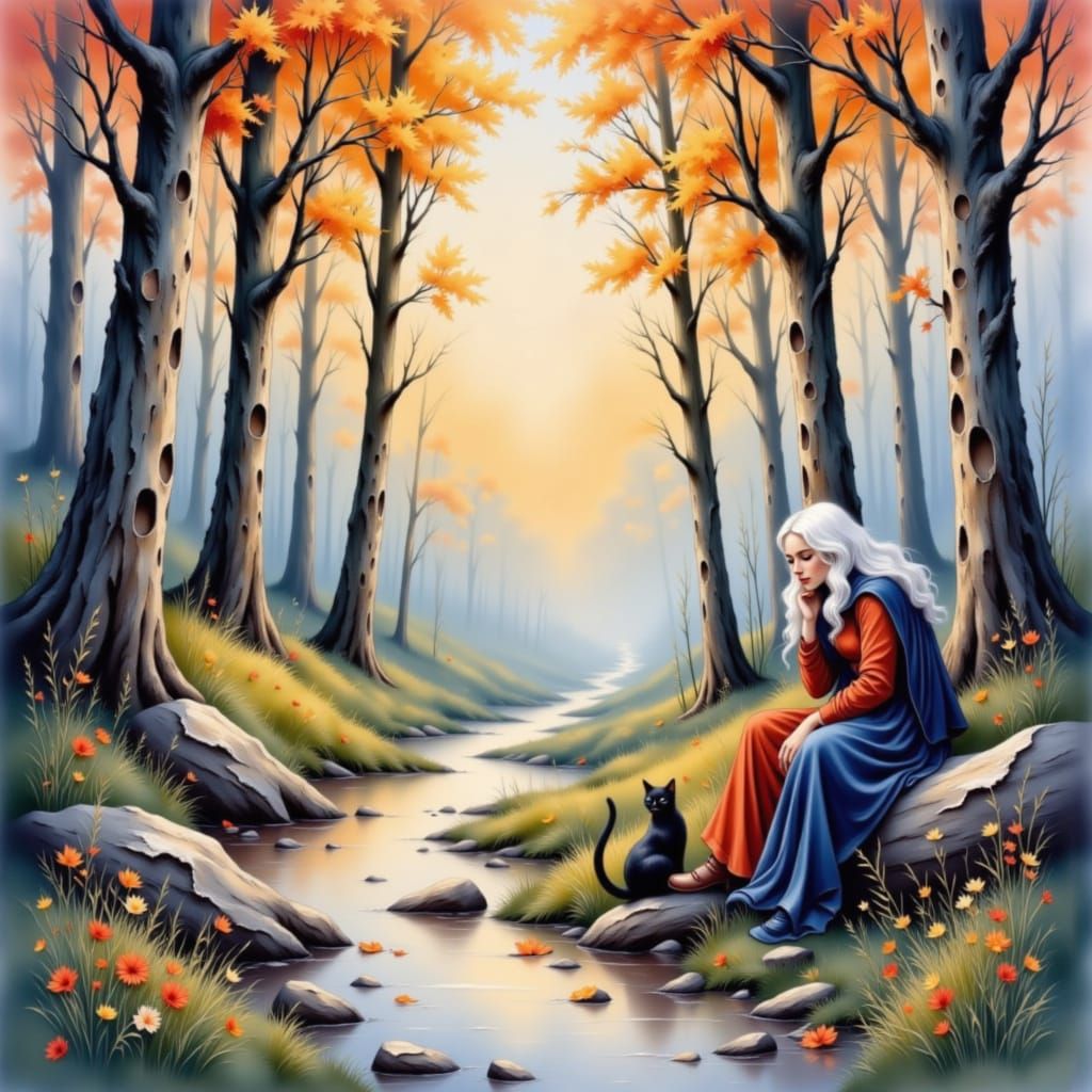 Dead tree, old witch with cat