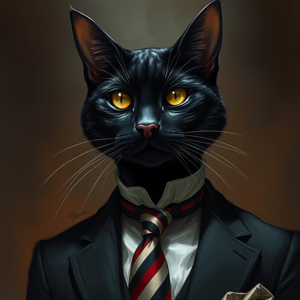 Dignified Anthropomorphic Cat in Dark Academia Poster Art