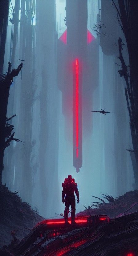 Hakke Soldier in Crimson Cyberpunk Forest