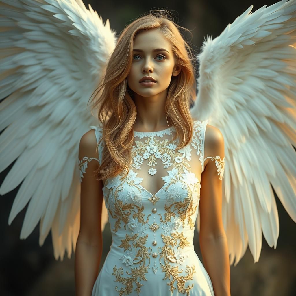 Ethereal Angel with Golden Locks and White Wings