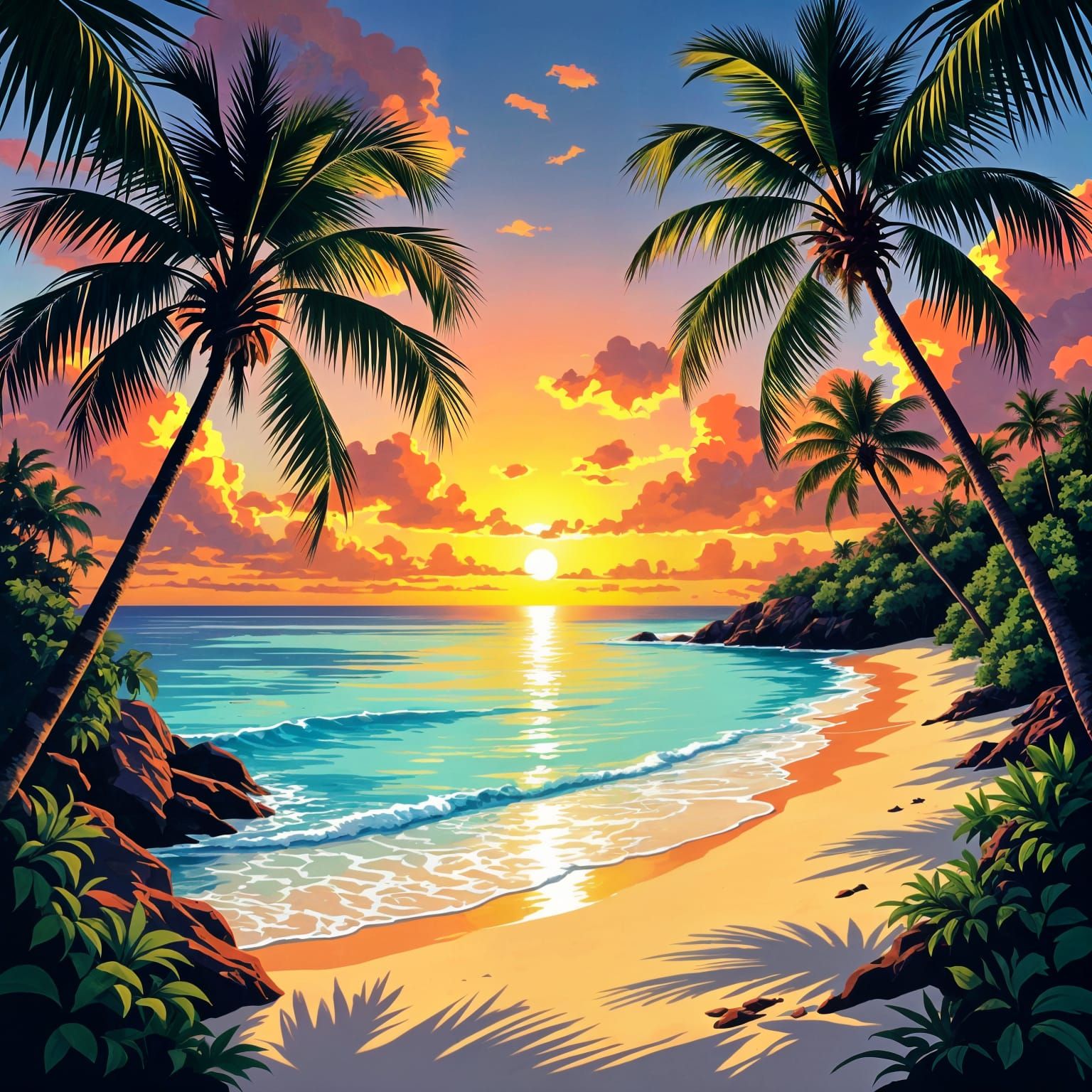 Vibrant Palm Tree Oasis at Sunset