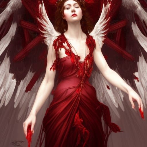 Gothic Angel Queen Portrait with Crimson Wings