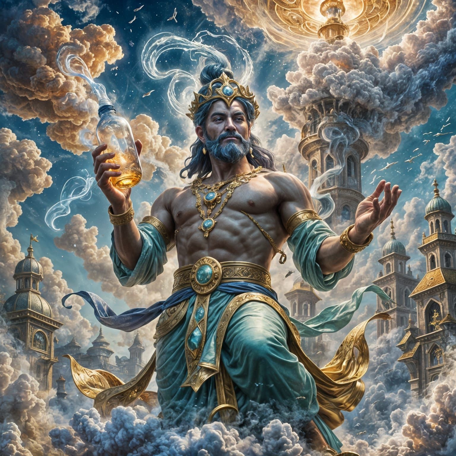 Ethereal Genie Emerges from Bottle in Fantasy Art