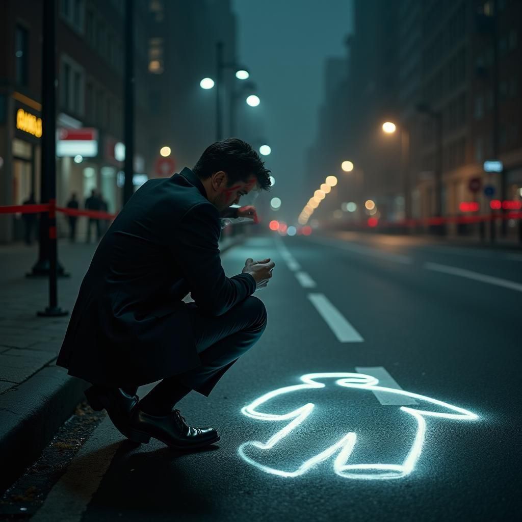 Dramatic Crime Scene with Chalk Outline and Red Tape