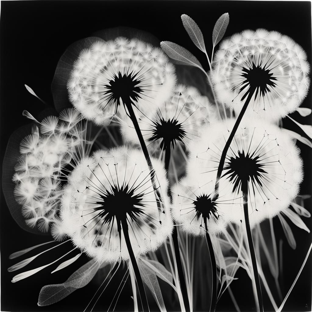 Dandelion Fairies in Black and White Photogram