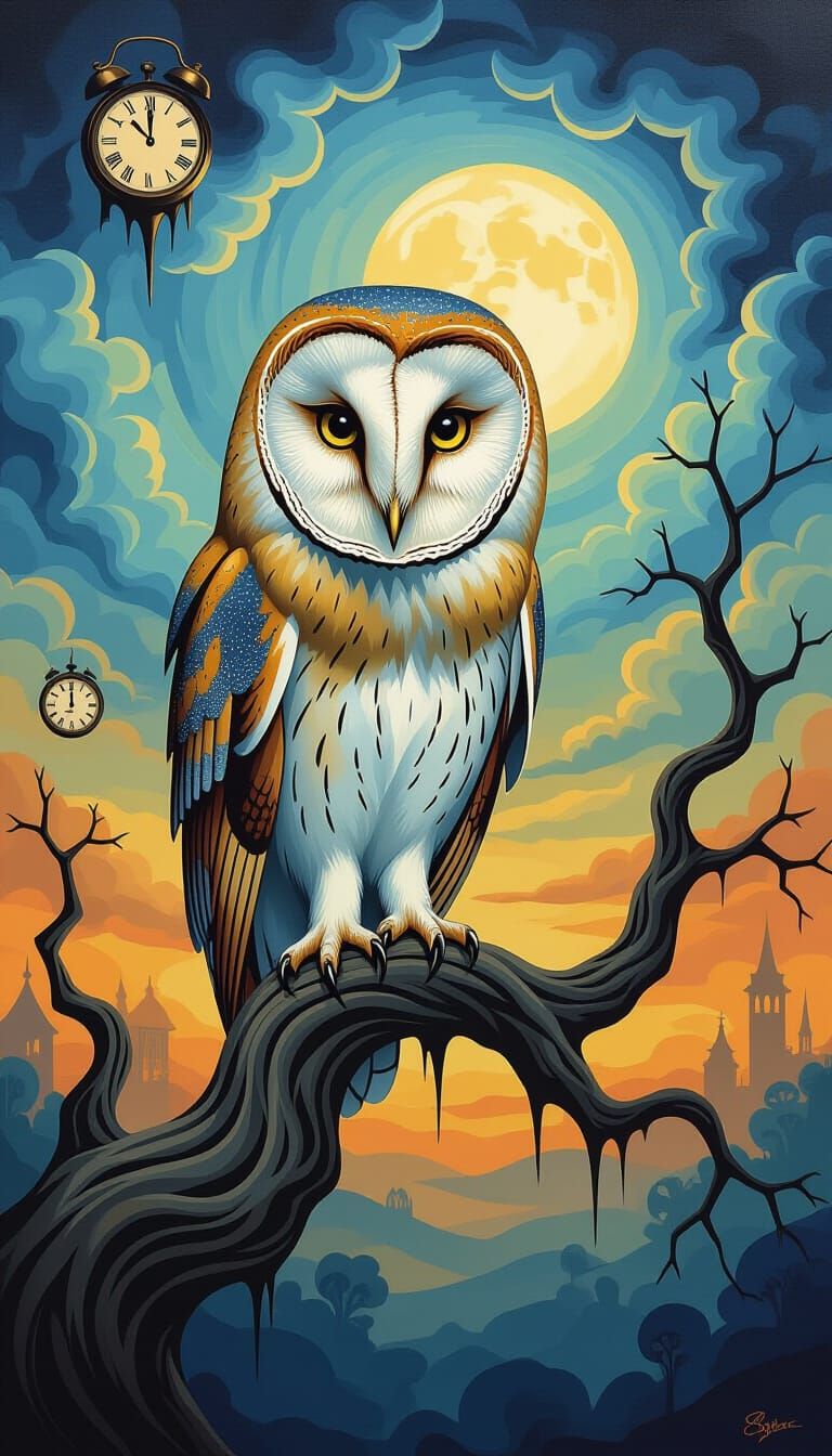 Menacing Owl on Melting Branch in Salvador Dalí Style