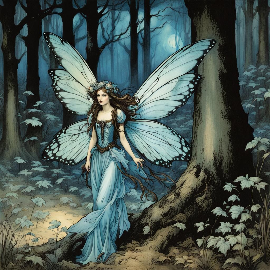 Enchanting Fairy in Haunted Forest, Arthur Rackham Style
