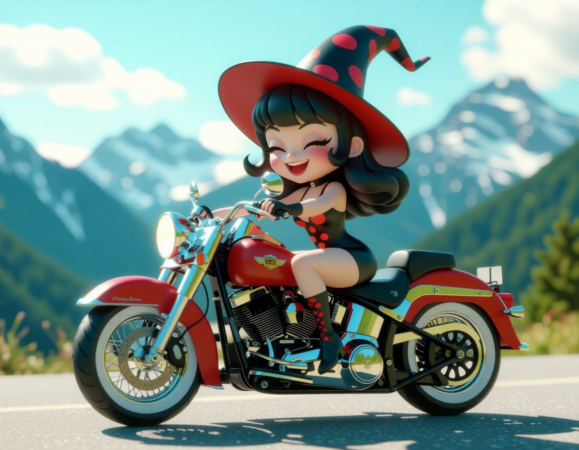 Chibi Witch Rides Harley Through Mountains in 1950s Racer Dr...