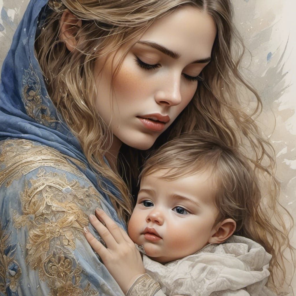 Jesus Holding Baby: Watercolor and Ink Drawing