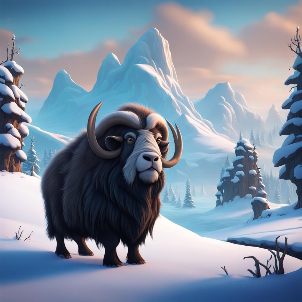 Muskox in Disney Cartoon Style, Winter Scene