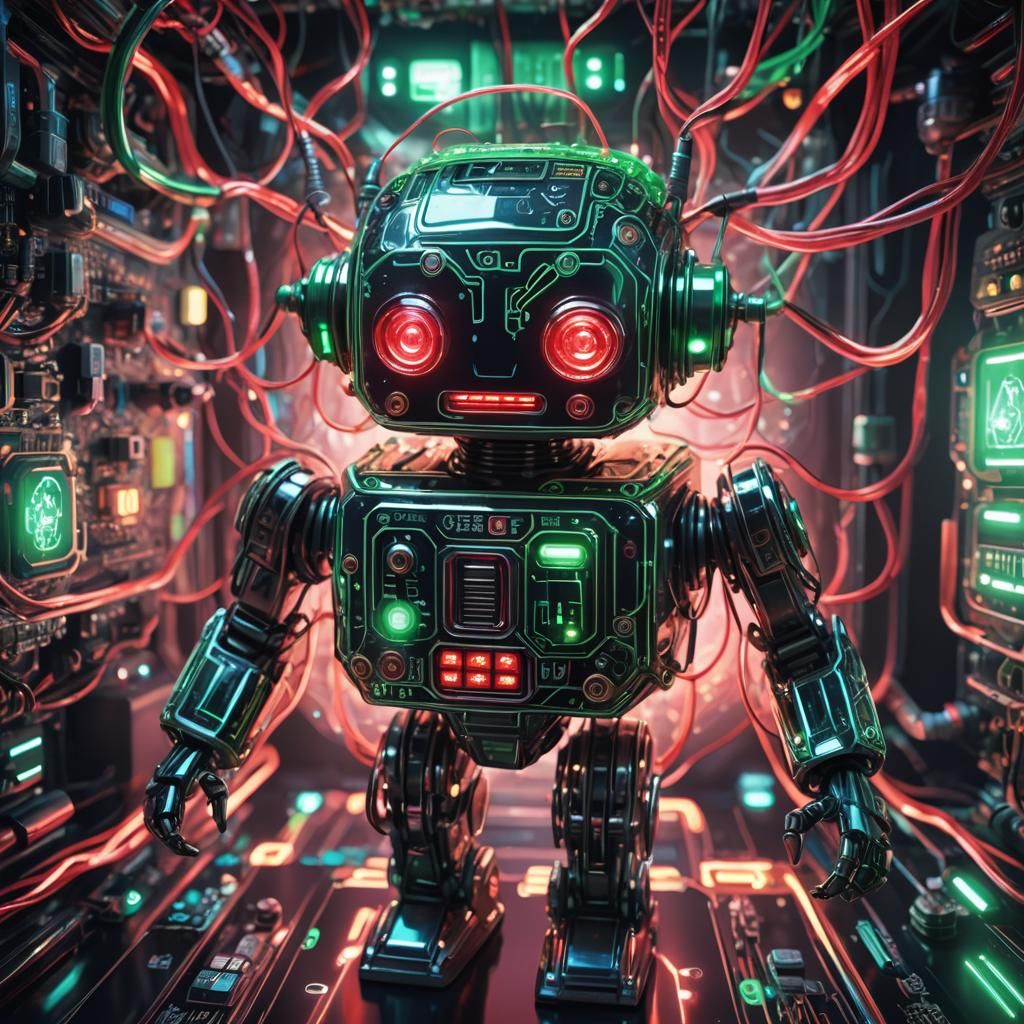 Cute Cyberpunk Robot with Glowing Circuit Board