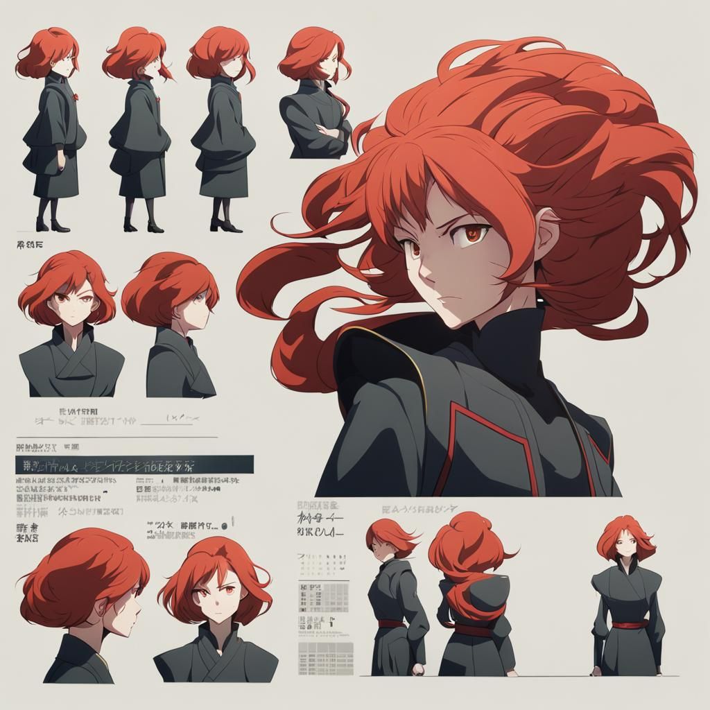Red-Haired Villainess Character Sheet in Anime Style