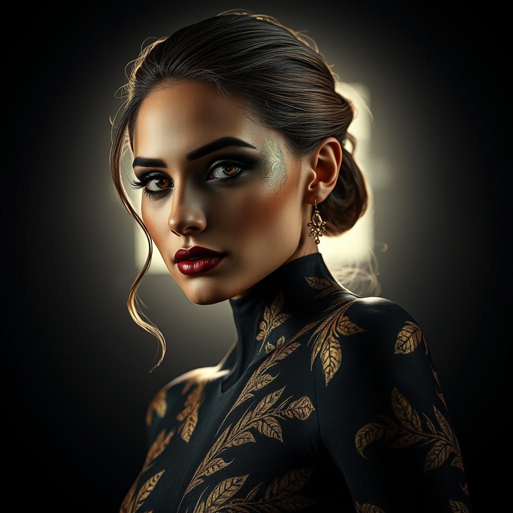 Elegant Woman in Opulent Body Paint with Triadic Colors