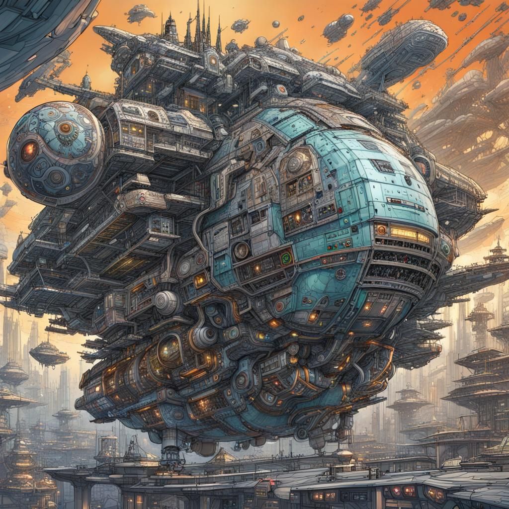 Cyberpunk Warship in Deep Color Concept Art