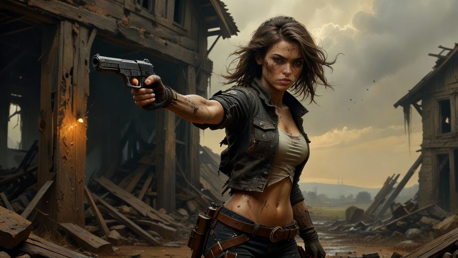 Post-Apocalyptic Farm Scene with Actress and Pistol