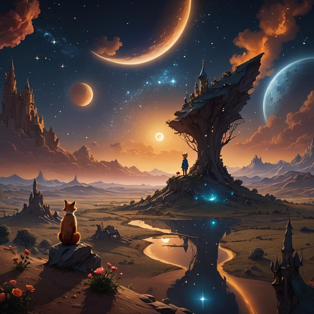 Little Prince and Fox Under Starry Sky