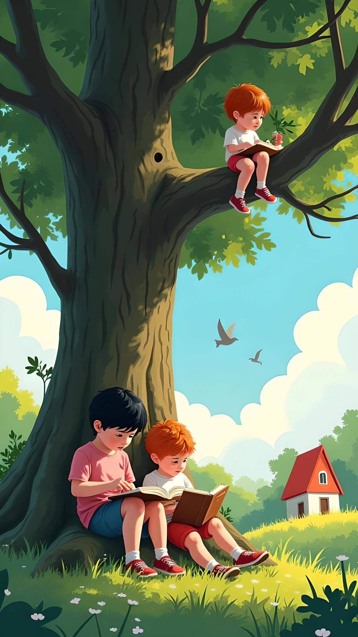 Children Reading Book in Serene Forest Illustration