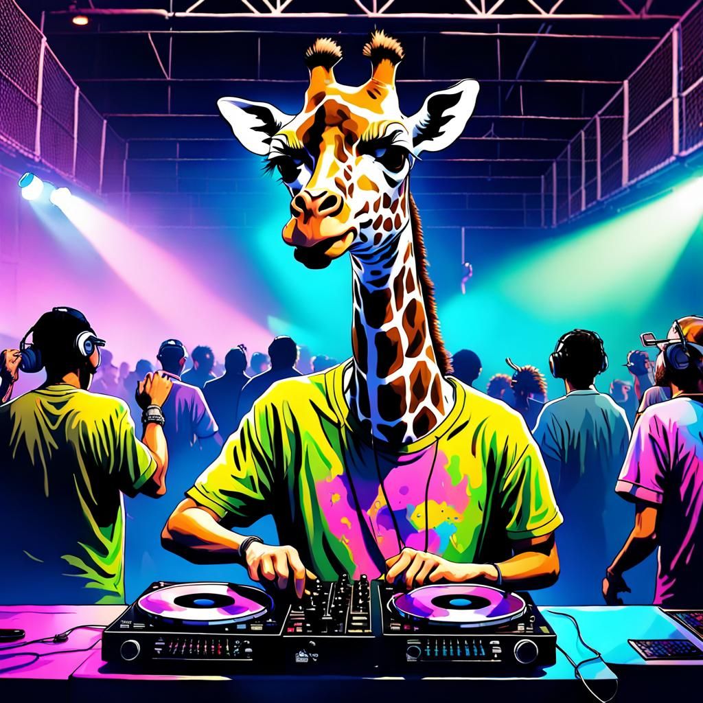 Giraffe DJ at Brooklyn Rave, Hyperrealistic Splash Art
