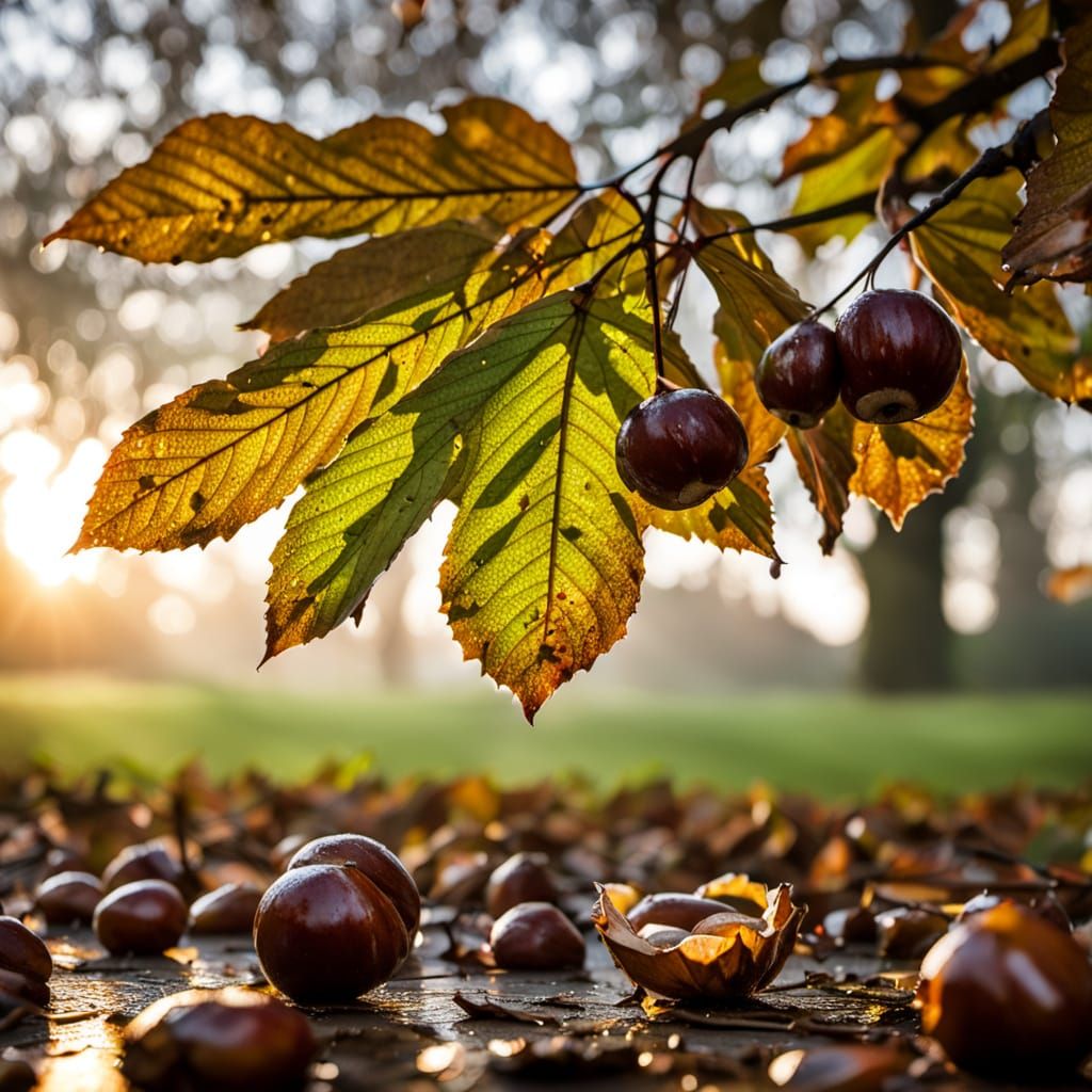 Sunrise Over Autumn Tree with Fallen Leaves