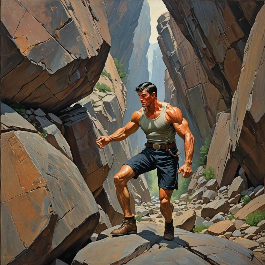 Hugo Danner Lifts Boulder: Oil Painting