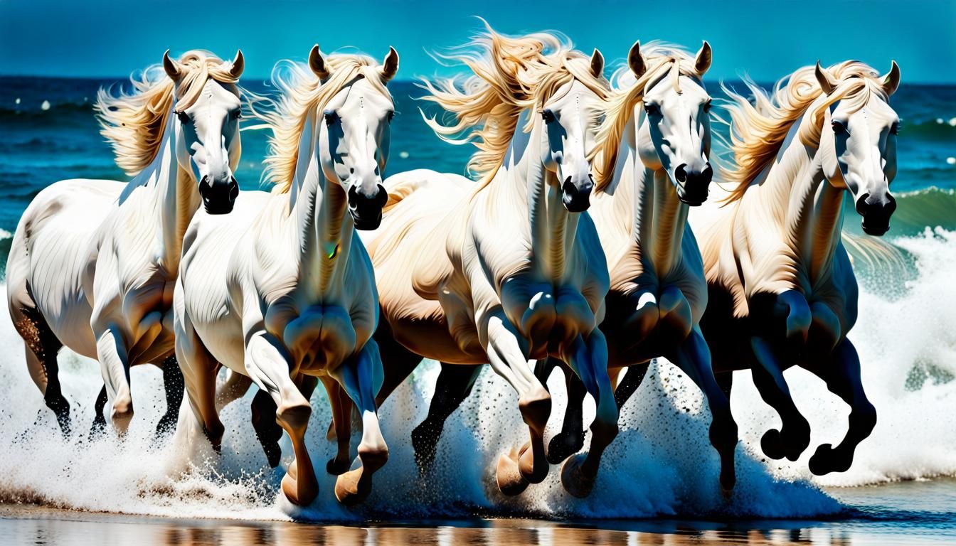 White Horses Stampede on Tropical Beach