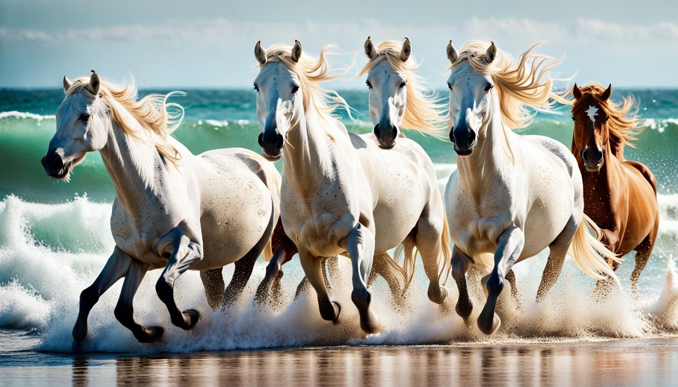 Wild White Horses Stampede on Tropical Beach