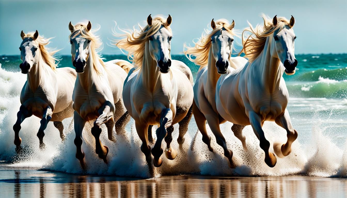 Wild White Horses Stampede on Tropical Beach