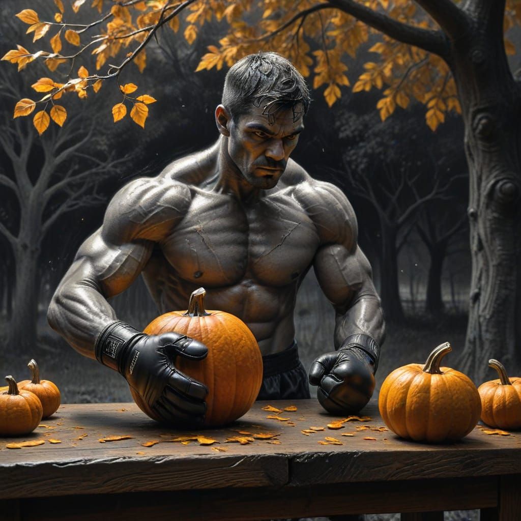 Boxer Carves Pumpkin Likeness in Autumn Charcoal Drawing