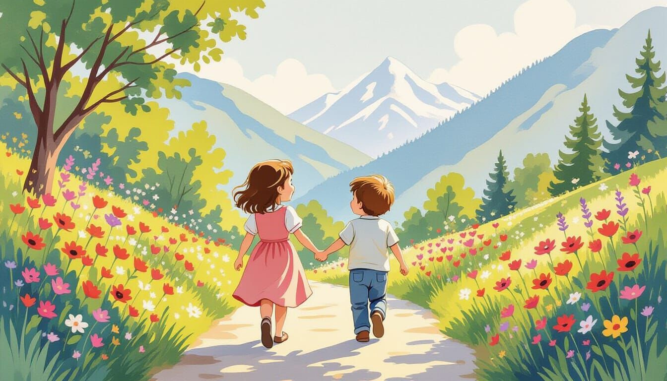 Children Stroll Through Lush Garden in Illustrative Style