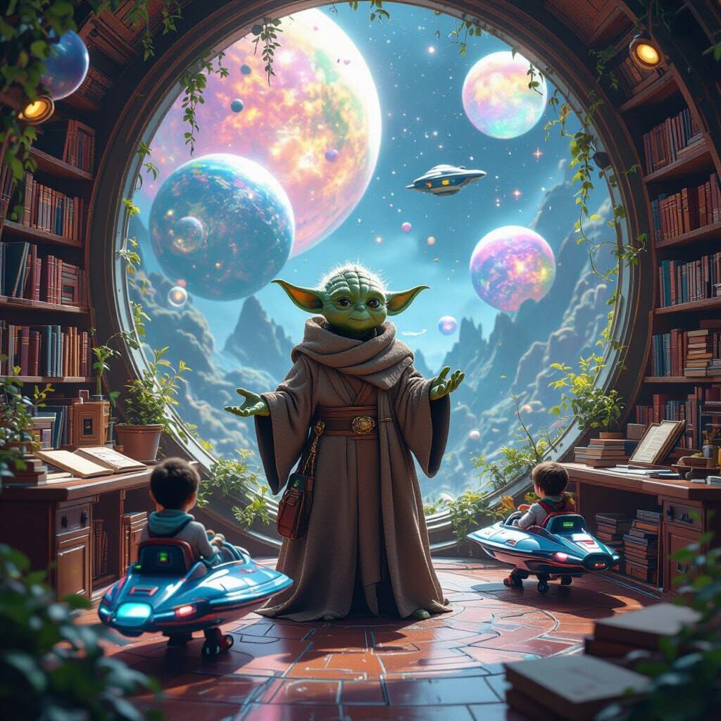 Galactic Classroom with Yoda-like Teacher in Fantasy Art Sty...