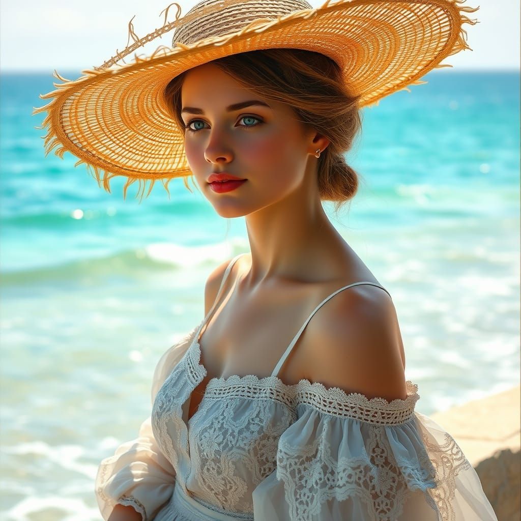 Ethereal European Woman in Summer Dress Gazing at Turquoise ...