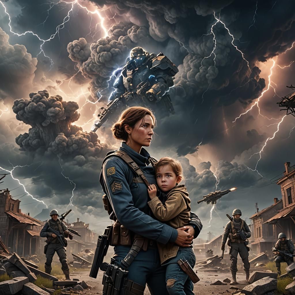 Mother and Child Embrace Amidst War in Detailed Painting