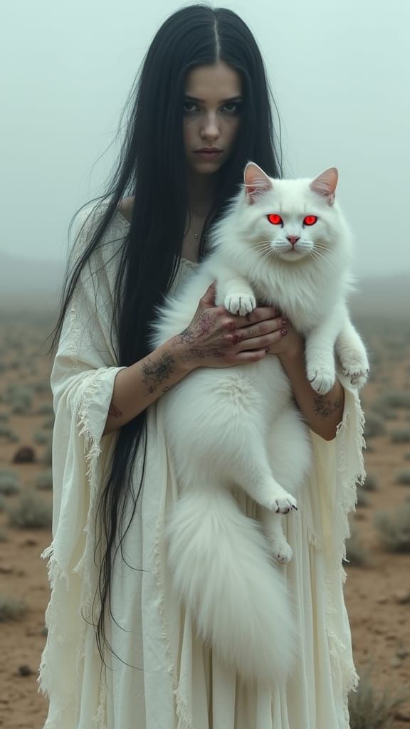 Girl with Cat in Barren Wasteland