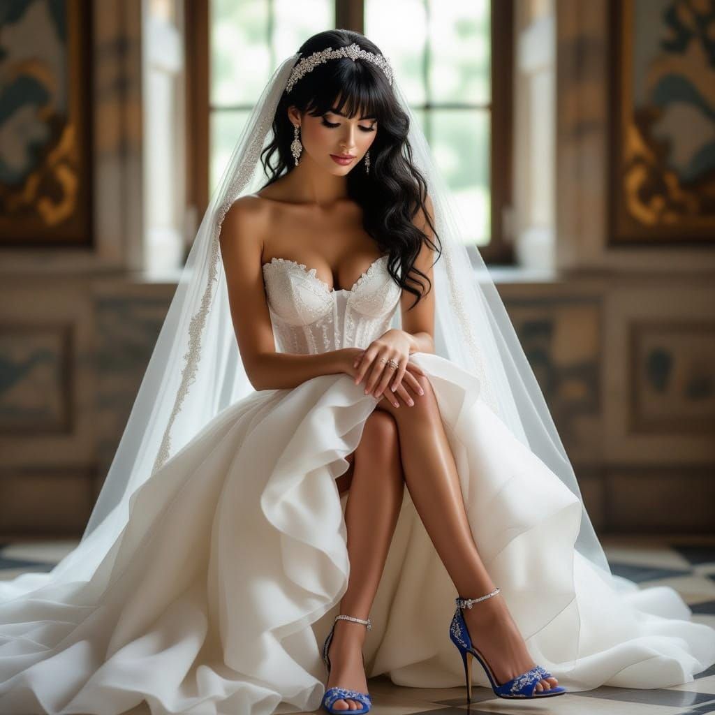 Bride Admires Blue Heels in Art Nouveau Style
