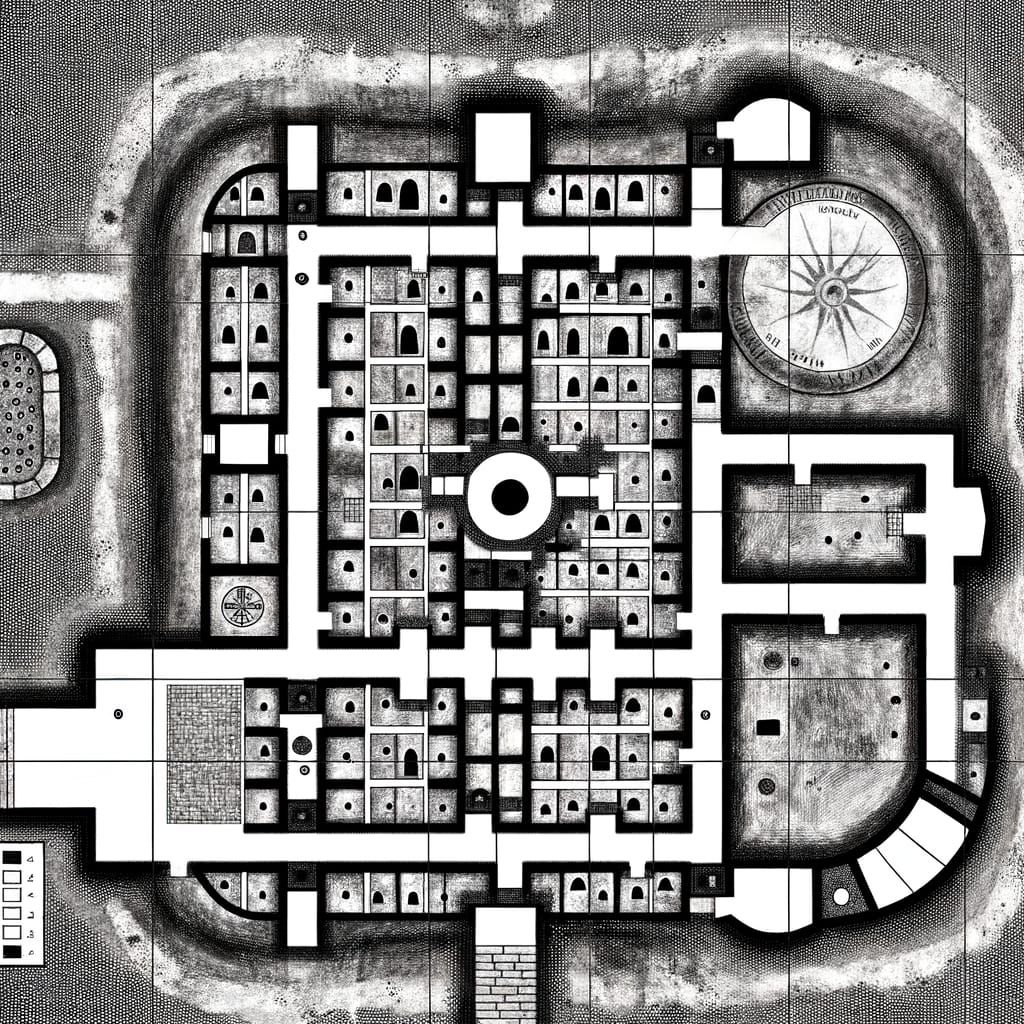 Ancient Catacombs Schematic in Technical Drawing Style