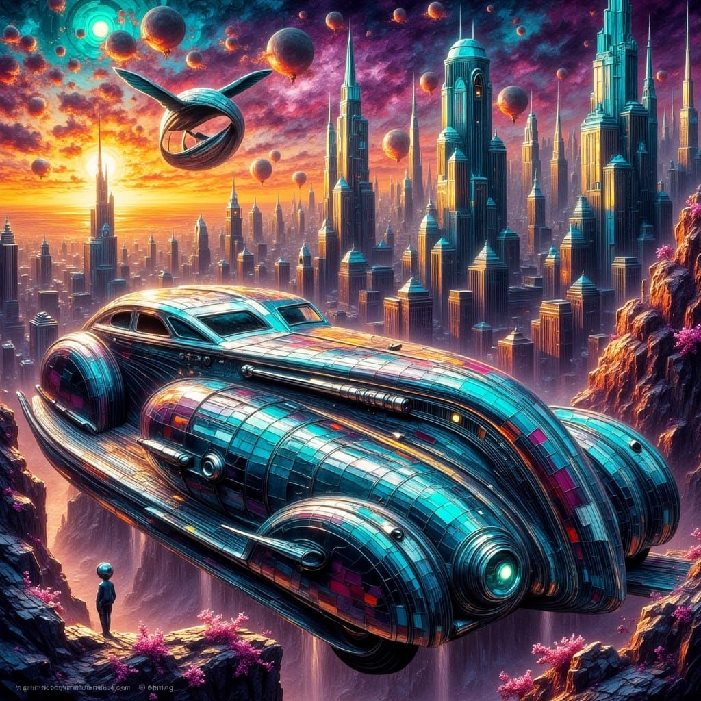 Futuristic Car Overlooking Glass Metropolis in Psychedelic S...