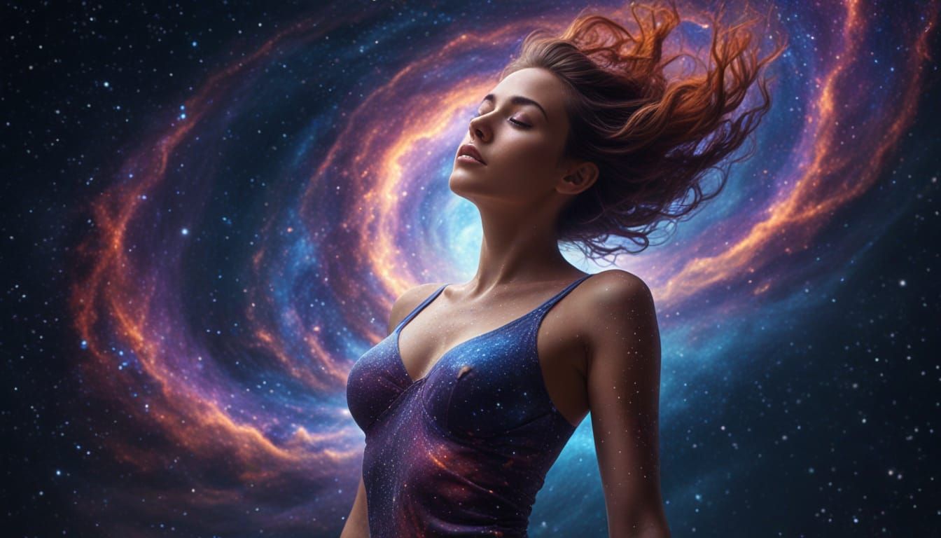 Woman Merging with Spiral Galaxy